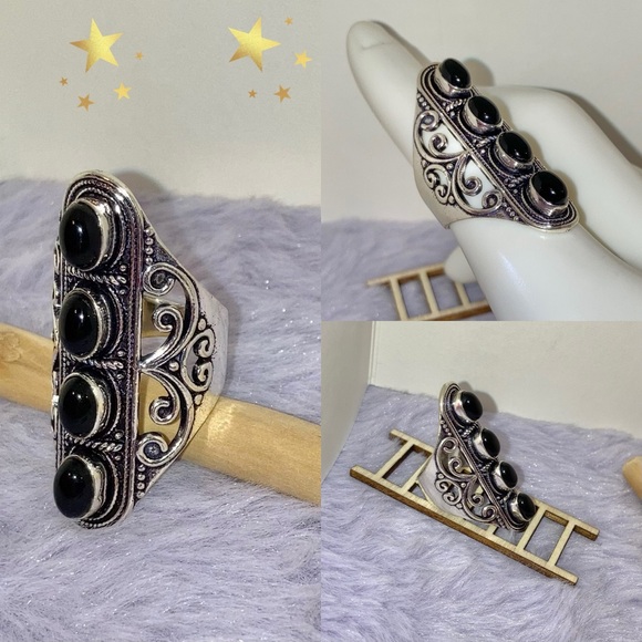 Black Onyx Gemstone Handmade Filigree Shield Armor Ring - Picture 6 of 7
